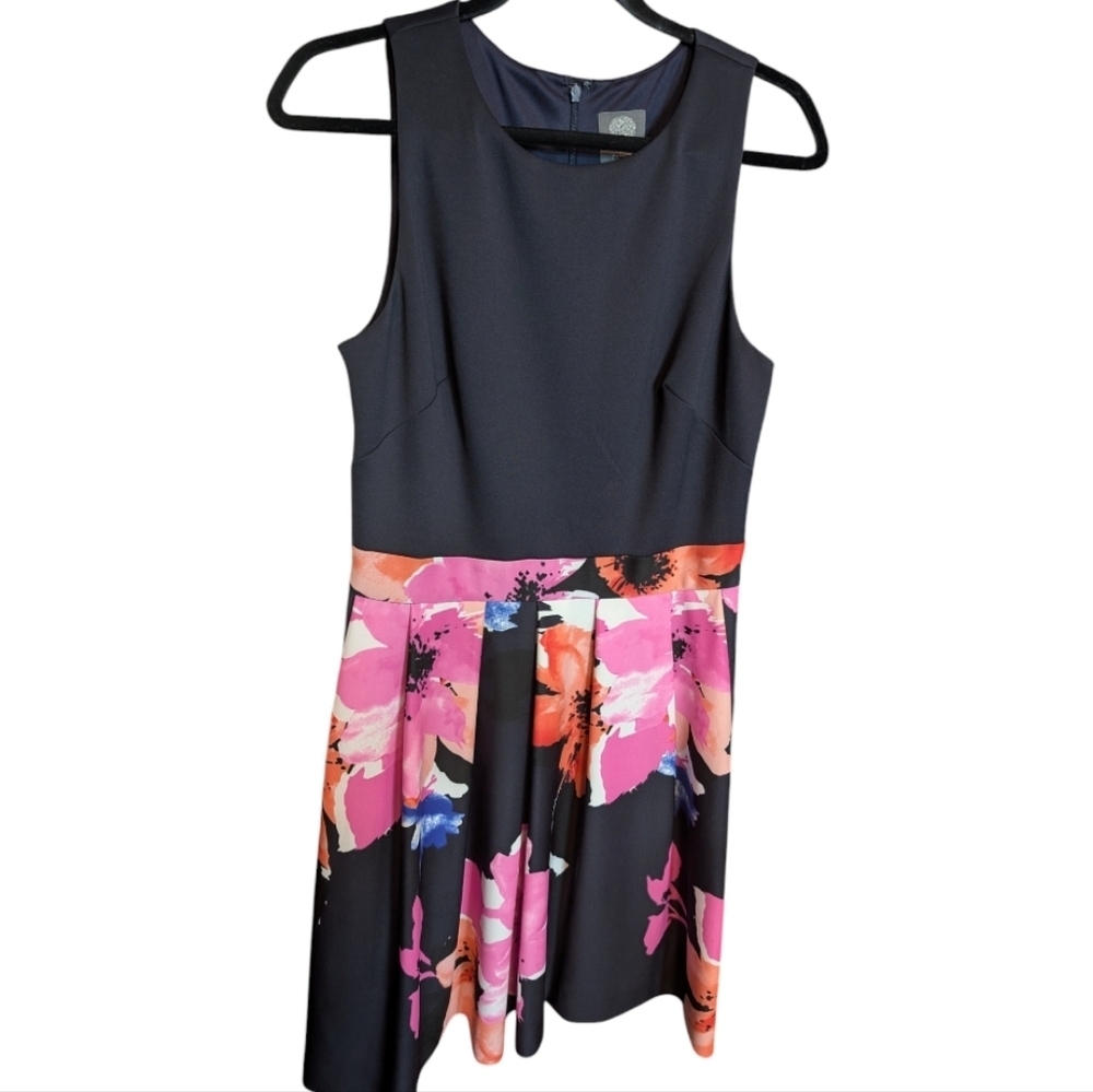 Vince Camuto Sleeveless Dress with Pleated Floral Skirt - Picture 2 of 7